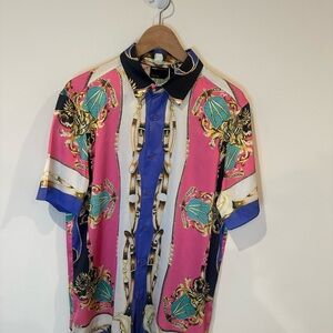 ASOS DESIGN Men's Graphic Print Short Sleeve Button-Up Shirt Pink Blue Gold M